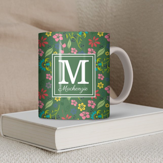 Girly Bohemian Flowers Forest Grönt Monogram Kaffemugg (Girly Bohemian Flowers Forest Green Monogram Coffee Mug)