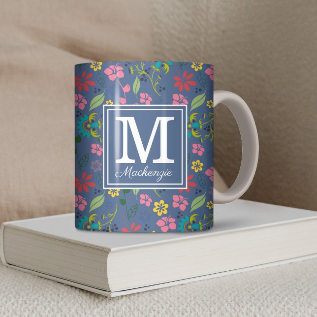Girly Bohemian Flowers Monogram Kaffemugg (Girly Bohemian Flowers Blue Monogram Coffee Mug)