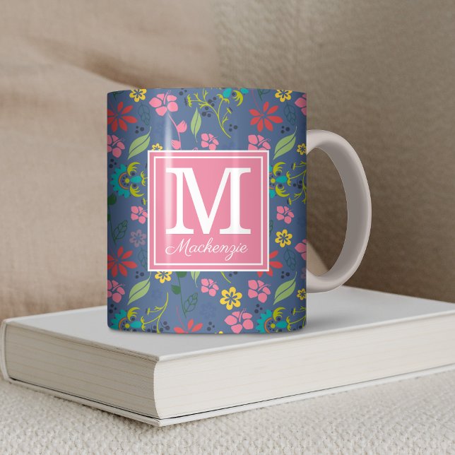 Girly Bohemian Flowers Monogram Kaffemugg (Girly Bohemian Flowers Blue and Pink Monogram Coffee Mug)