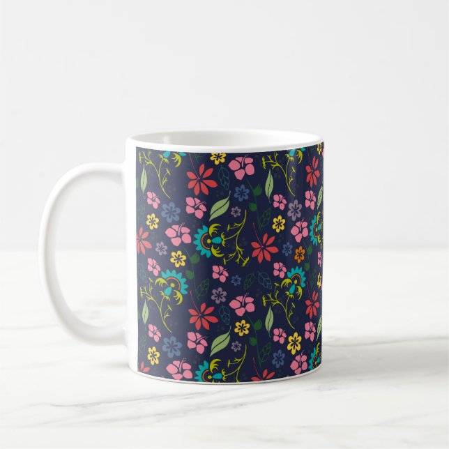 Girly Bohemian Flowers Navy Blue and Rosa Kaffemugg (Vänster)