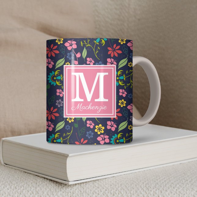 Girly Bohemian Flowers Navy Blue | Rosa Monogram Kaffemugg (Girly Bohemian Flowers Navy Blue and Pink Monogram Coffee Mug)