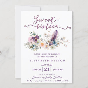 Girly boho blommigt Glitter typography sötad 16 Inbjudningar