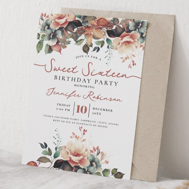 Girly Boho Höst Blommig Sweet 16 Födelsedagsfest Inbjudningar (Girly Boho Fall Floral Sweet 16 Birthday Party Invitation)