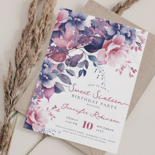 Girly Boho Lila Blommigt Sweet 16 Födelsedagsfest Inbjudningar