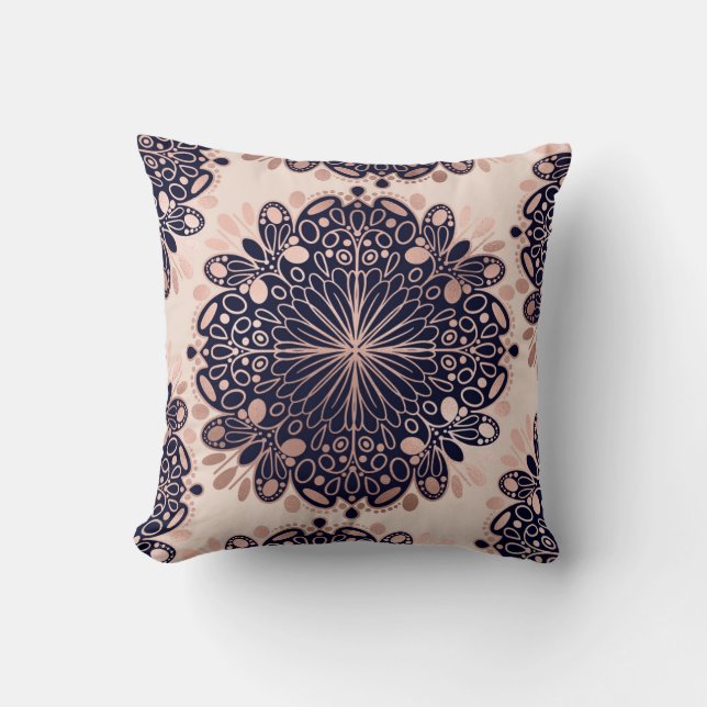 Girly Boho Ro Guld  Rosa Navy Mandalas Kudde (Framsida)