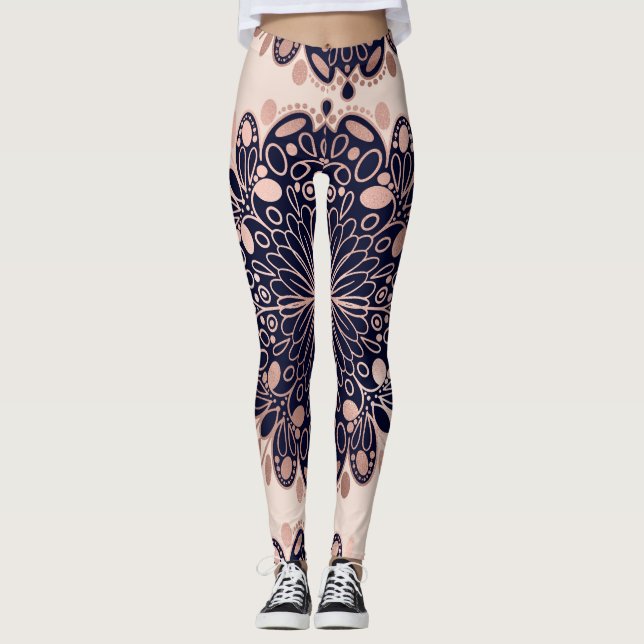 Girly Boho Ro Guld  Rosa Navy Mandalas Leggings (Framsida)