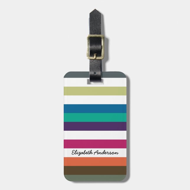 Girly Bold Rainbow Big Vågrät Rand och Namn Bagagebricka (Vertikal Framsida)