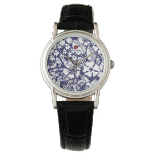 Girly Botanical Shalom Blue White Garden Teckning Armbandsur