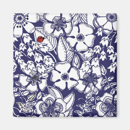 Girly Botanical Shalom Blue White Garden Teckning Magnet