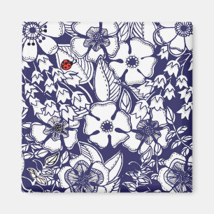 Girly Botanical Shalom Blue White Garden Teckning Magnet