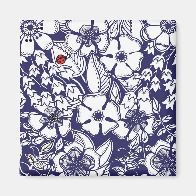 Girly Botanical Shalom Blue White Garden Teckning Magnet (Framsidan)
