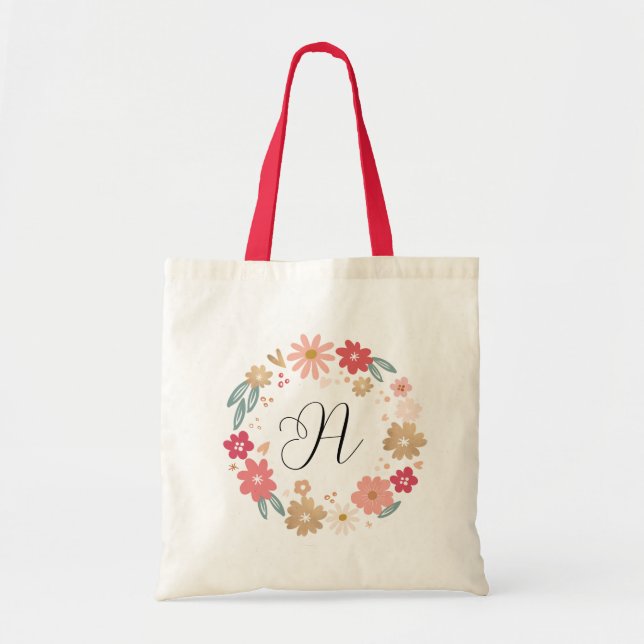 Girly Brev A | Whimsical Blommigt Brev Monogram Tygkasse (Framsidan)