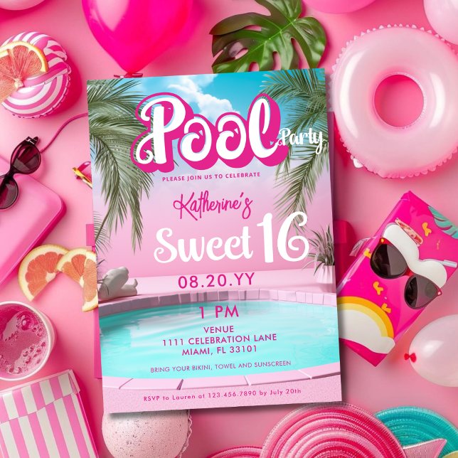 Girly Bright Shock rosa Party Sweet 16 sexton Inbjudningar (Girly Bright Hot Pink Pool Party Sweet 16 Sixteen Invitation)