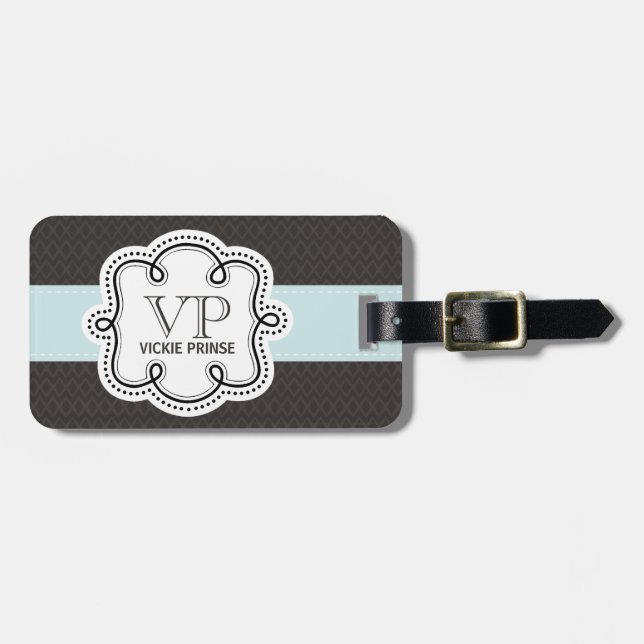 Girly Brown och Blue Mönster Doodle Monogram Bagagebricka (Horisontell Framsida)