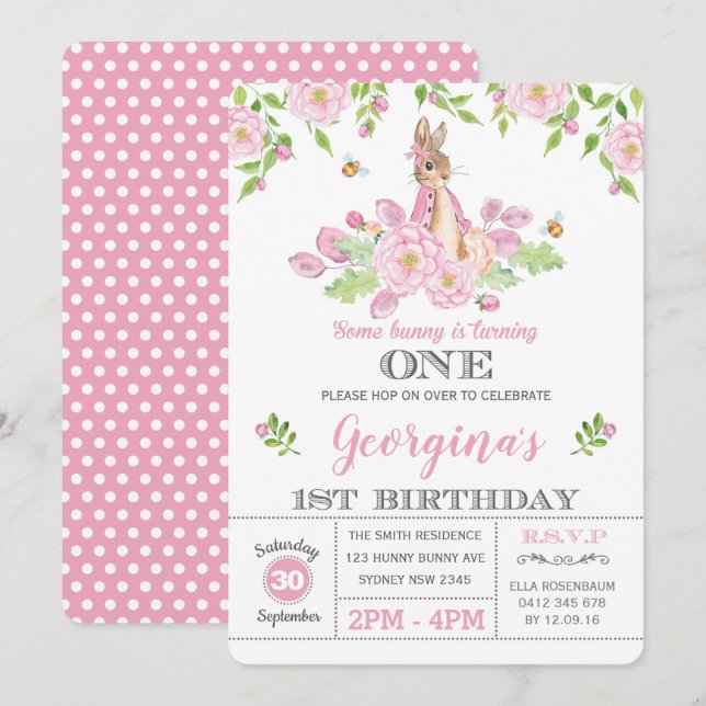 Girly Bunny 1:a födelsedag Party Rosa Garden Blomm Inbjudningar (Fram/baksida)
