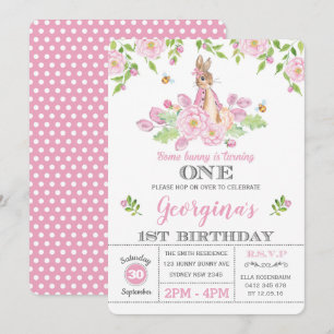 Girly Bunny 1:a födelsedag Party Rosa Garden Blomm Inbjudningar