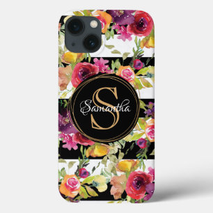 Girly Burgundy Blommönster Rand Monogram Namn