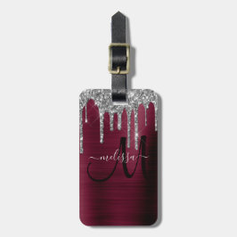 Girly Burgundy Dripping Glitter Push Metall Namn Bagagebricka