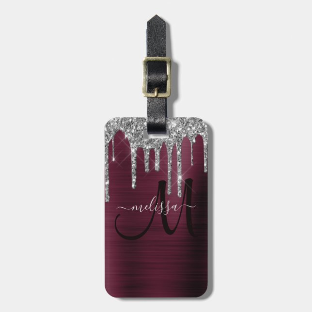 Girly Burgundy Dripping Glitter Push Metall Namn Bagagebricka (Vertikal Framsida)