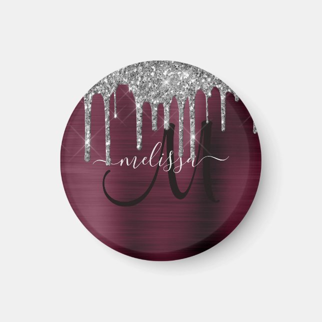 Girly Burgundy Dripping Glitter Push Metall Namn Magnet (Framsidan)