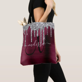 Girly Burgundy Dripping Glitter Push Metall Namn Tygkasse