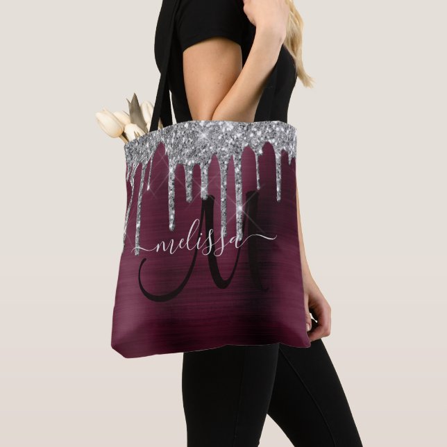 Girly Burgundy Dripping Glitter Push Metall Namn Tygkasse (Närbild)