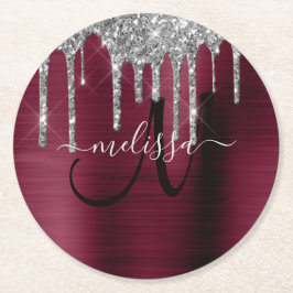 Girly Burgundy Dripping Glitter Push Metall Namn Underlägg Papper Rund