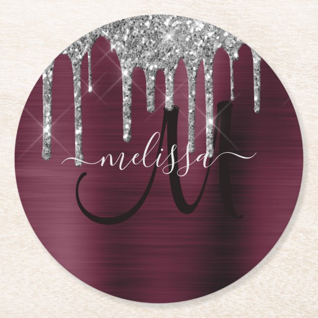 Girly Burgundy Dripping Glitter Push Metall Namn Underlägg Papper Rund (Framsidan)