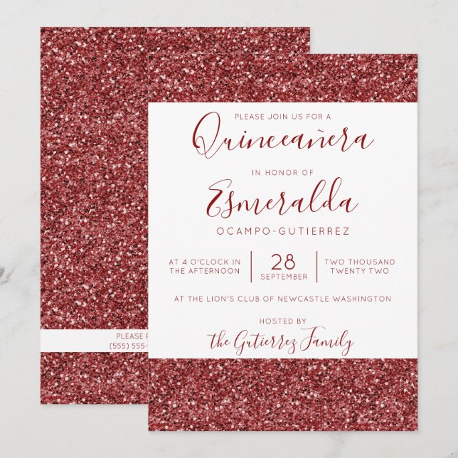 Girly Burgundy Glitter Gnistra Quinceanera Inbjudningar (Fram/baksida)