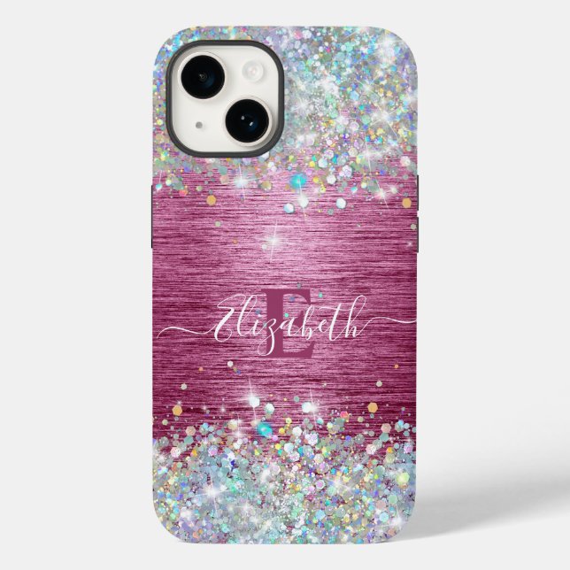 Girly Burgundy HoloGrapy Faux Glitter Monogram (Baksida)
