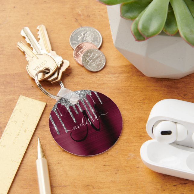 Girly Burgundy Silver, Glitter Metallic Nyckelring (Skrivbord)
