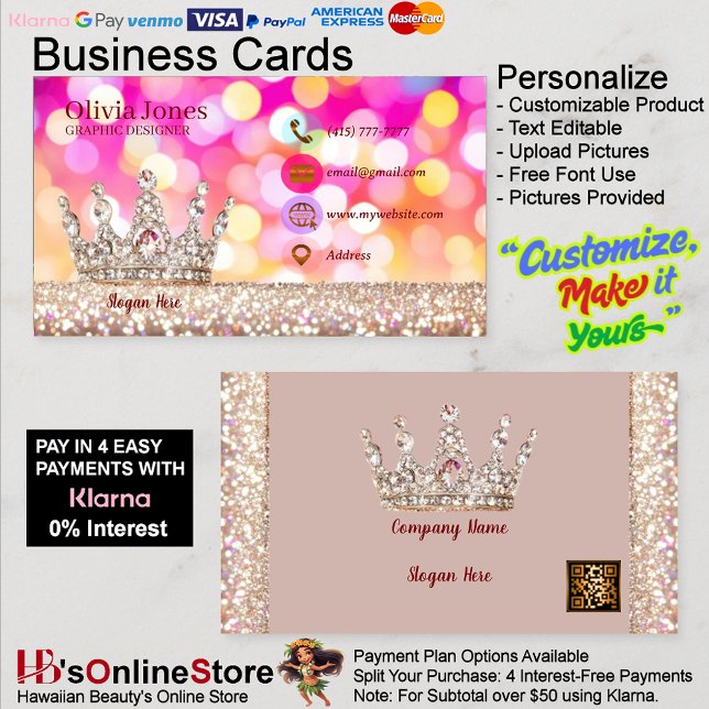Girly Business Trendig Glitter Elegant Krona QRCod Visitkort (Girly Business Trendy Glitter Elegant Crown QRCode Business Card 29.
)