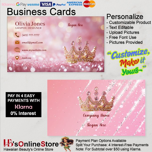 Girly Business Trendy Glitter Elegant Crown QRCode Visitkort (Girly Business Trendy Glitter Elegant Crown QRCode Card.)