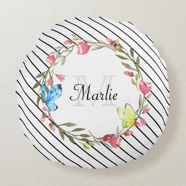Girly Butterfly Blommigt Thin Black Rand och Namn Rund Kudde (Framsidan)