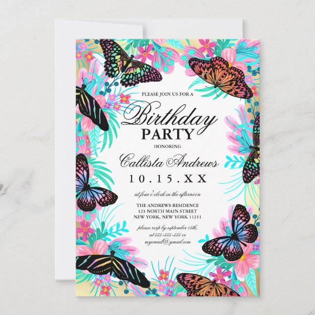 Girly Butterfly Flowers Löv Watercolor Birthday Inbjudningar (Framsida)