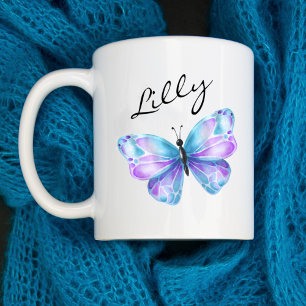 Girly Butterfly-skript Monogram Namn Kaffemugg