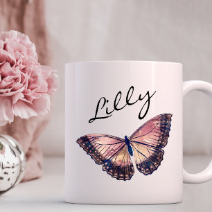 Girly Butterfly-skript Monogram Namn Mugg