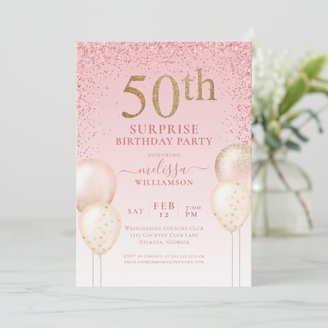 Girly Calligraphy Glitter Surprise 50:e födelsedag Inbjudningar (Stående Fram)