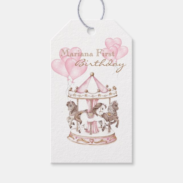 Girly Carousel Rosa Unicorn First Birthday Presentetikett (Framsidan)
