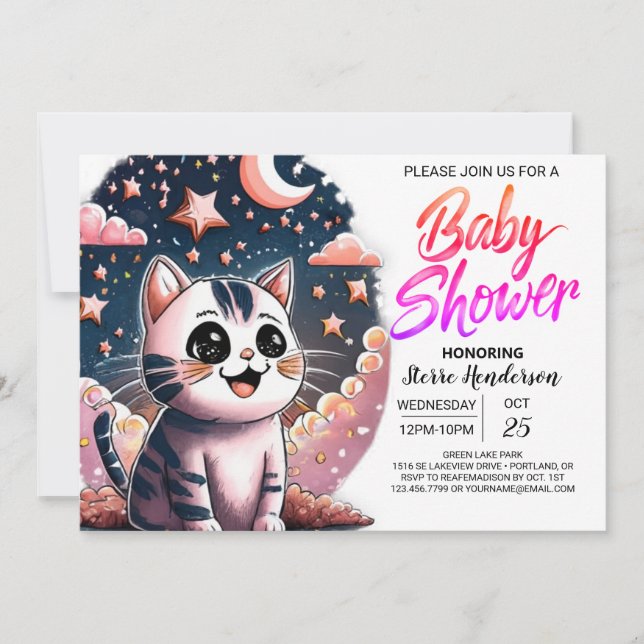 Girly Cat Digital Baby Shower Inbjudningar (Framsida)