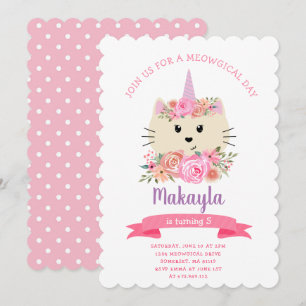 Girly Cat Unicorn Caticorn Meowgical 1 Birthday Inbjudningar