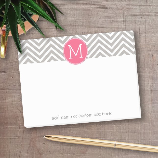 Girly Chevron Mönster med Monogram - Rosa Grått Post-it Block (Personalized post-it notes with an area to add your name or other text)