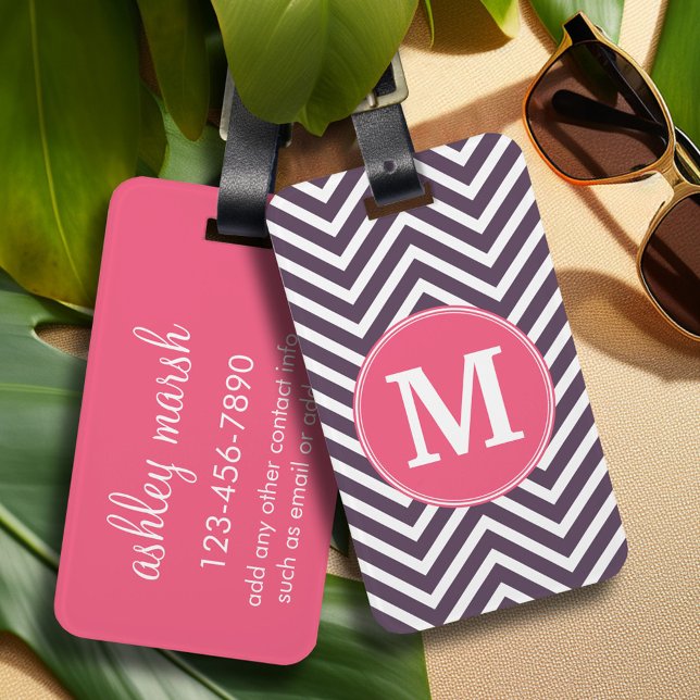 Girly Chevron Mönster med Monogram - Rosa Lila Bagagebricka (Personalized luggage tag - vibrant colors and custom text)