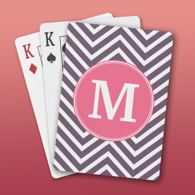 Girly Chevron Mönster med Monogram - Rosa Lila Spelkort (Custom Playing Cards)