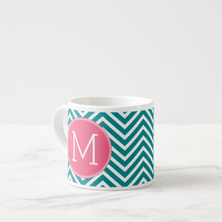 Girly Chevron Mönster med Monogram - Rosa Teal Espressomugg