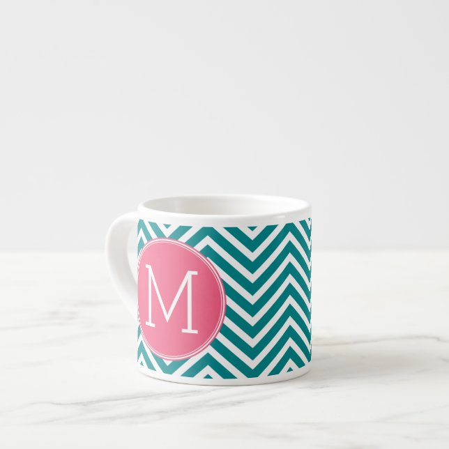 Girly Chevron Mönster med Monogram - Rosa Teal Espressomugg (Framsida vänster)