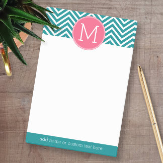 Girly Chevron Mönster med Monogram - Rosa Teal Post-it Block