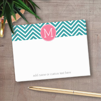 Girly Chevron Mönster med Monogram - Rosa Teal Post-it Block
