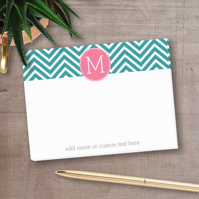 Girly Chevron Mönster med Monogram - Rosa Teal Post-it Block (Personalized post-it notes with an area to add your name or other text)