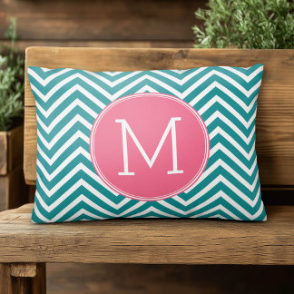 Girly Chevron Mönster med Monogram - Rosa Teal Prydnadskudde